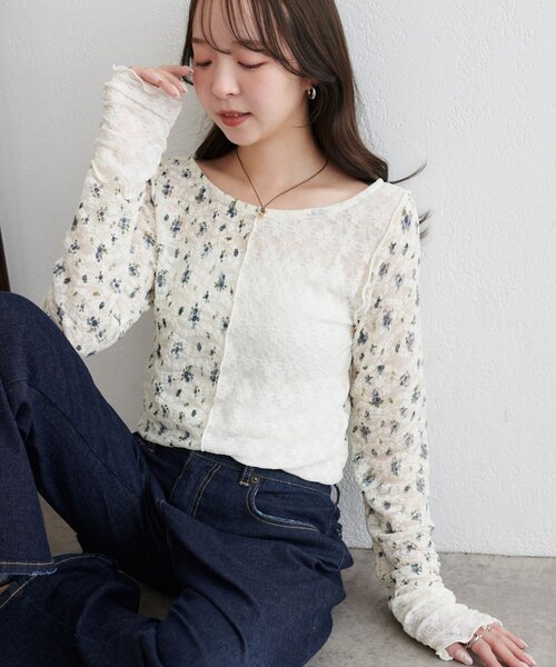 DISCOAT(ディスコート)の「【WEB限定】花柄切替パッチワークロングスリーブTシャツ(Tシャツ/カットソー・レディース・ブルー/ブラック/アイボリー・FREE)」の10枚目の写真
