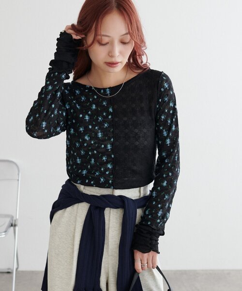 DISCOAT(ディスコート)の「【WEB限定】花柄切替パッチワークロングスリーブTシャツ(Tシャツ/カットソー・レディース・ブルー/ブラック/アイボリー・FREE)」の12枚目の写真