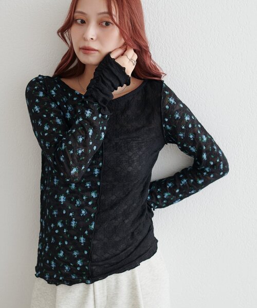 DISCOAT(ディスコート)の「【WEB限定】花柄切替パッチワークロングスリーブTシャツ(Tシャツ/カットソー・レディース・ブルー/ブラック/アイボリー・FREE)」の16枚目の写真