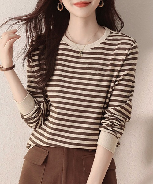Doux Belle(ドゥーベル)の「ボーダー柄リブ切替長袖プルオーバー(Tシャツ/カットソー・レディース・ベージュ・MEDIUM/LARGE/X-LARGE)」の1枚目の写真