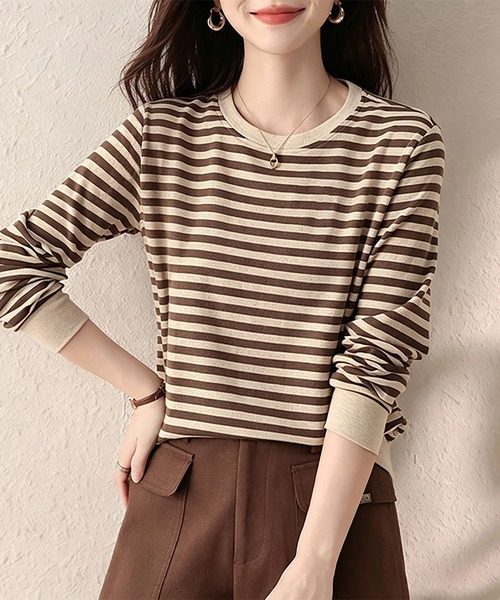 Doux Belle(ドゥーベル)の「ボーダー柄リブ切替長袖プルオーバー(Tシャツ/カットソー・レディース・ベージュ・MEDIUM/LARGE/X-LARGE)」の2枚目の写真