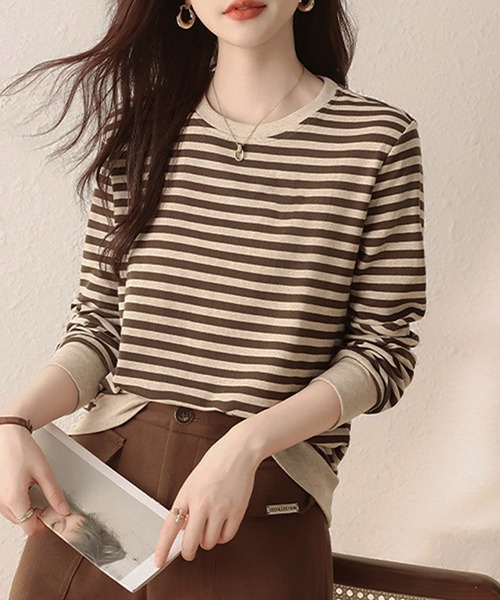 Doux Belle(ドゥーベル)の「ボーダー柄リブ切替長袖プルオーバー(Tシャツ/カットソー・レディース・ベージュ・MEDIUM/LARGE/X-LARGE)」の3枚目の写真