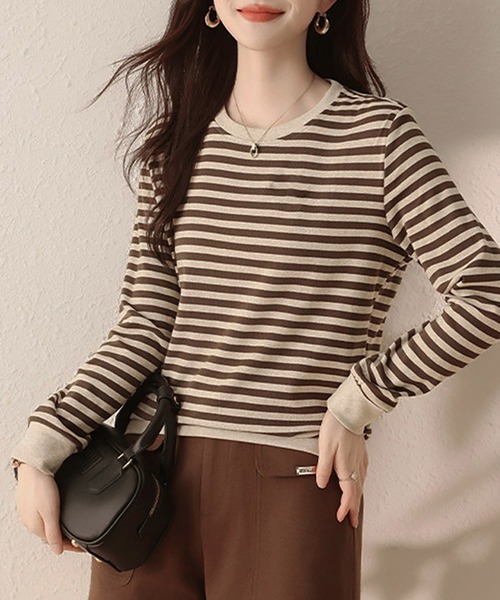 Doux Belle(ドゥーベル)の「ボーダー柄リブ切替長袖プルオーバー(Tシャツ/カットソー・レディース・ベージュ・MEDIUM/LARGE/X-LARGE)」の5枚目の写真