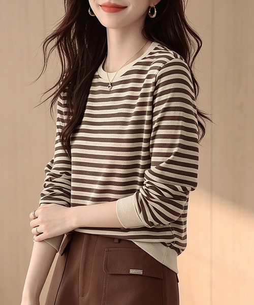 Doux Belle(ドゥーベル)の「ボーダー柄リブ切替長袖プルオーバー(Tシャツ/カットソー・レディース・ベージュ・MEDIUM/LARGE/X-LARGE)」の7枚目の写真