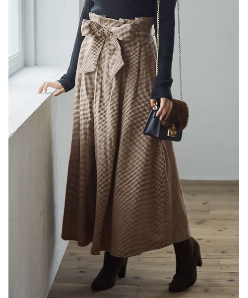 Re:EDIT（リエディ）の「グレンチェック柄ウエストリボンロングフレアスカート（スカート・レディース・ブラック/ブラウン/ブラック系その他/ブラウン系その他・SMALL/LARGE/MEDIUM）」の4枚目の写真