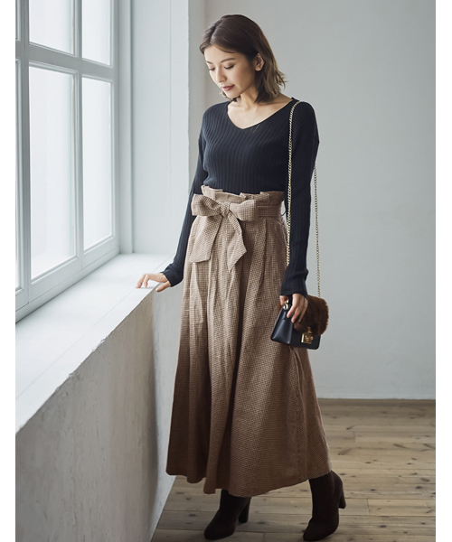 Re:EDIT（リエディ）の「グレンチェック柄ウエストリボンロングフレアスカート（スカート・レディース・ブラック/ブラウン/ブラック系その他/ブラウン系その他・SMALL/LARGE/MEDIUM）」の13枚目の写真