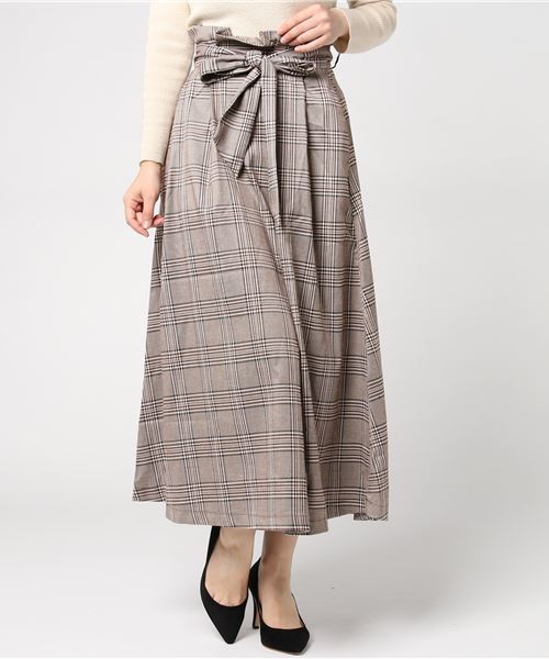 Re:EDIT（リエディ）の「グレンチェック柄ウエストリボンロングフレアスカート（スカート・レディース・ブラック/ブラウン/ブラック系その他/ブラウン系その他・SMALL/LARGE/MEDIUM）」の3枚目の写真