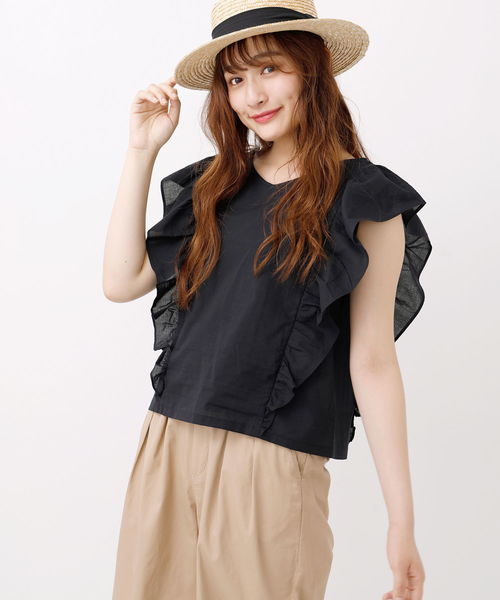 earth music&ecology（アースミュージックアンドエコロジー）の「・ラッフルスリーブブラウス（シャツ/ブラウス・レディース・ブラック/レッド/オフホワイト/ブルーグリーン・FREE）」の3枚目の写真