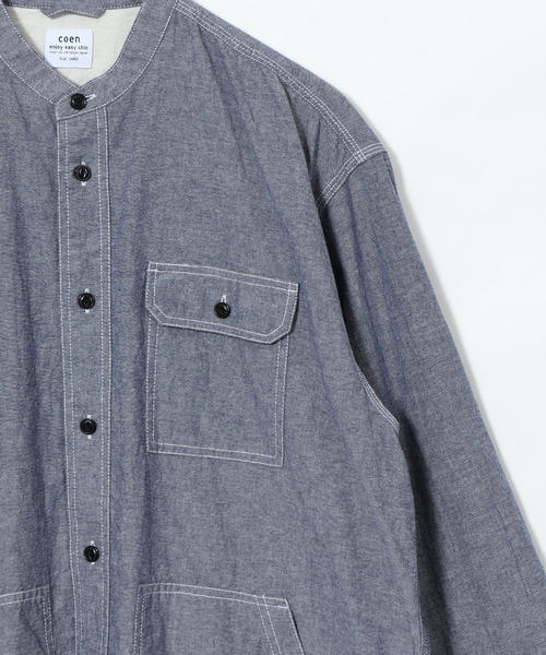 coen（コーエン）の「ワークバンドカラーロングオーバーシャツ（シャツ/ブラウス・メンズ・ネイビー/ホワイト・LARGE/X-LARGE/MEDIUM/SMALL）」の21枚目の写真