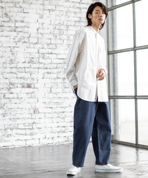 coen（コーエン）の「ワークバンドカラーロングオーバーシャツ（シャツ/ブラウス・メンズ・ネイビー/ホワイト・LARGE/X-LARGE/MEDIUM/SMALL）」の12枚目の写真