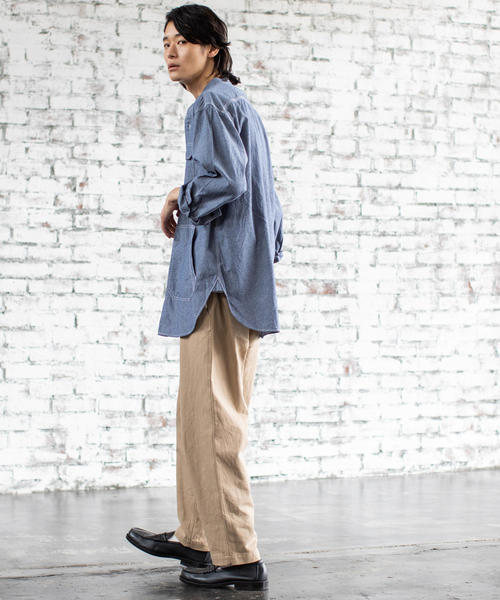 coen（コーエン）の「ワークバンドカラーロングオーバーシャツ（シャツ/ブラウス・メンズ・ネイビー/ホワイト・LARGE/X-LARGE/MEDIUM/SMALL）」の6枚目の写真