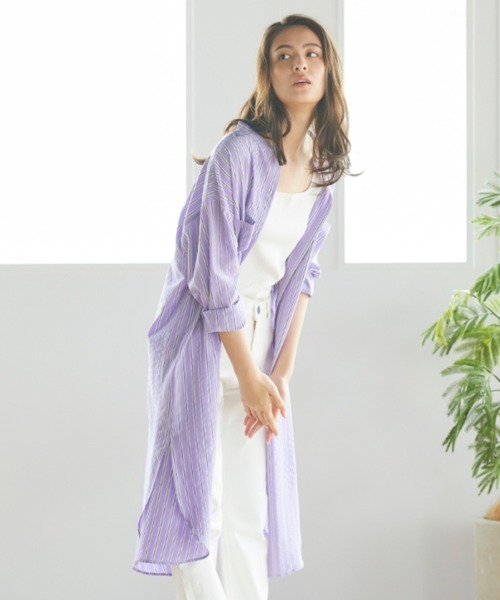 Willful by lipstar（ウィルフル バイ リップスター）の「バックベルトストライプシャツワンピース（ワンピース・レディース・ダークベージュ/パープル系その他/アイボリー・M）」の3枚目の写真