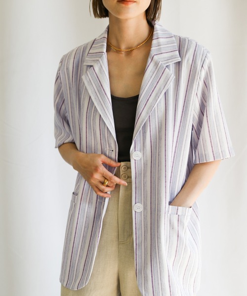 select MOCA(セレクトモカ)の「2021 SS リネンブレンドストライプシャツジャケット(その他アウター・レディース・ミント/ラベンダー・FREE)」の2枚目の写真