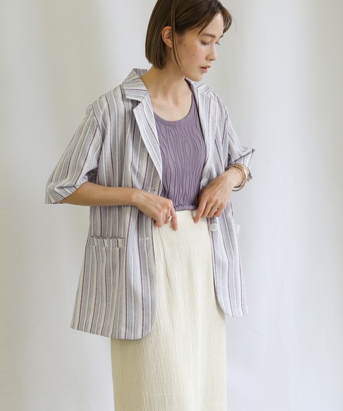select MOCA(セレクトモカ)の「2021 SS リネンブレンドストライプシャツジャケット(その他アウター・レディース・ミント/ラベンダー・FREE)」の5枚目の写真