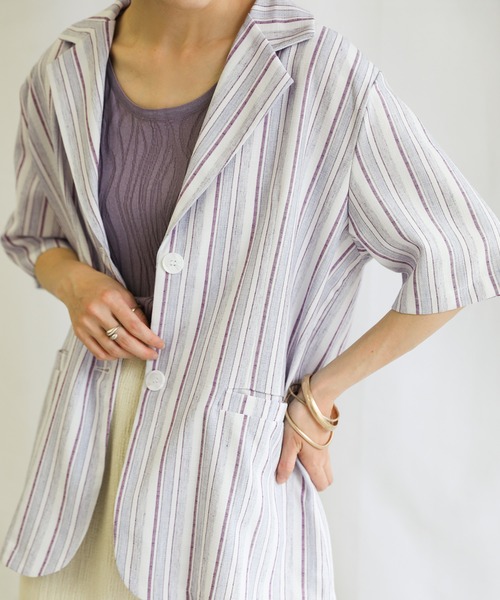 select MOCA(セレクトモカ)の「2021 SS リネンブレンドストライプシャツジャケット(その他アウター・レディース・ミント/ラベンダー・FREE)」の6枚目の写真
