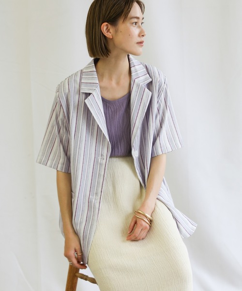 select MOCA(セレクトモカ)の「2021 SS リネンブレンドストライプシャツジャケット(その他アウター・レディース・ミント/ラベンダー・FREE)」の8枚目の写真