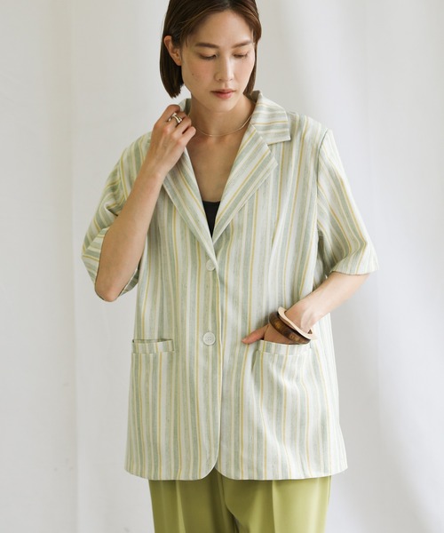 select MOCA(セレクトモカ)の「2021 SS リネンブレンドストライプシャツジャケット(その他アウター・レディース・ミント/ラベンダー・FREE)」の13枚目の写真