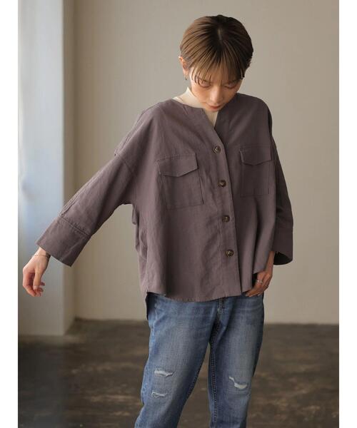 rem closet(レムクローゼット)の「コットンワークシャツジャケット(ミリタリージャケット・レディース・カーキ/チャコールグレー・S)」の5枚目の写真