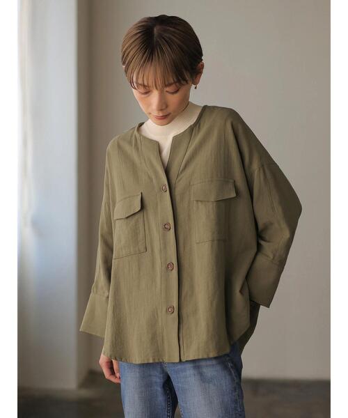 rem closet(レムクローゼット)の「コットンワークシャツジャケット(ミリタリージャケット・レディース・カーキ/チャコールグレー・S)」の4枚目の写真