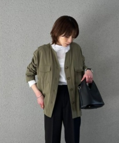 rem closet(レムクローゼット)の「コットンワークシャツジャケット(ミリタリージャケット・レディース・カーキ/チャコールグレー・S)」の1枚目の写真
