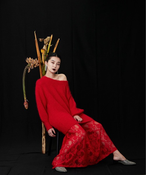 HIROSAI（ヒロサイ）の「ヘアリーニット レーススカートセット（ニット/セーター・レディース・ブラック/レッド/イエロー・FREE）」の3枚目の写真