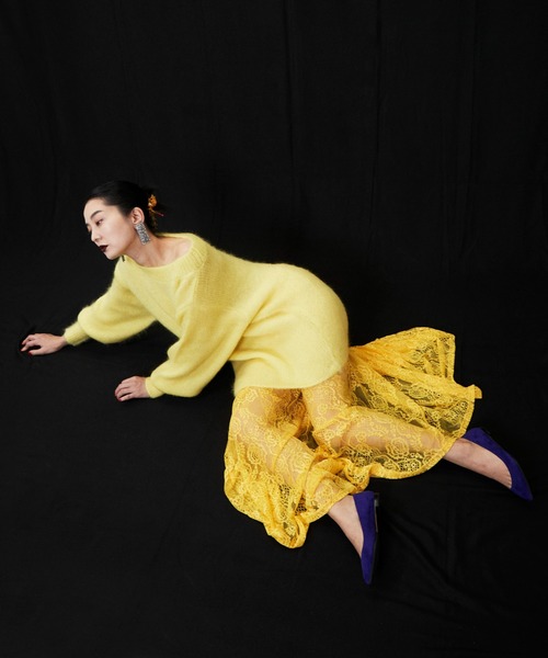 HIROSAI（ヒロサイ）の「ヘアリーニット レーススカートセット（ニット/セーター・レディース・ブラック/レッド/イエロー・FREE）」の2枚目の写真