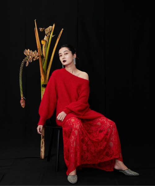 HIROSAI（ヒロサイ）の「ヘアリーニット レーススカートセット（ニット/セーター・レディース・ブラック/レッド/イエロー・FREE）」の6枚目の写真