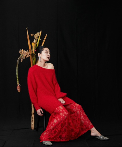 HIROSAI（ヒロサイ）の「ヘアリーニット レーススカートセット（ニット/セーター・レディース・ブラック/レッド/イエロー・FREE）」の7枚目の写真