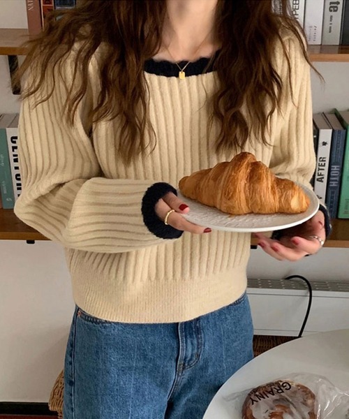 バイカラーリブニット