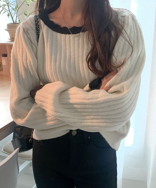 バイカラーリブニット