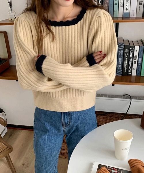 バイカラーリブニット