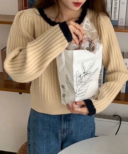 バイカラーリブニット