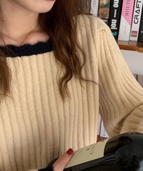 バイカラーリブニット