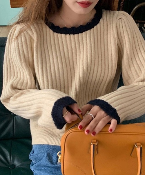 バイカラーリブニット