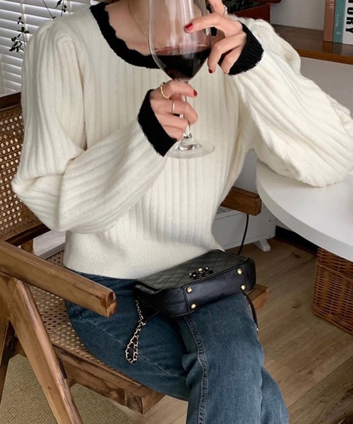 バイカラーリブニット