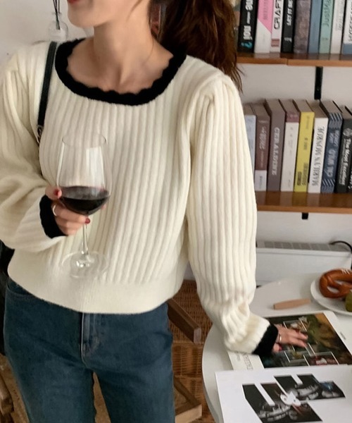 バイカラーリブニット