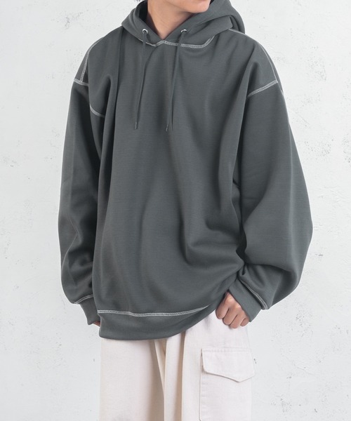 PairPair（ペアペア）の「配色ステッチフーディー(ユニセックス)（パーカー・レディース・グリーン/ダークブラック/ライトベージュ/グレイッシュブルー・FREE）」の21枚目の写真