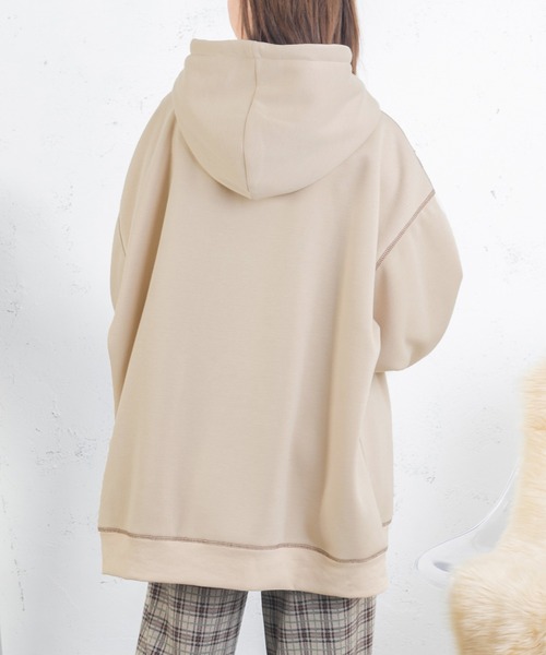 PairPair（ペアペア）の「配色ステッチフーディー(ユニセックス)（パーカー・レディース・グリーン/ダークブラック/ライトベージュ/グレイッシュブルー・FREE）」の16枚目の写真