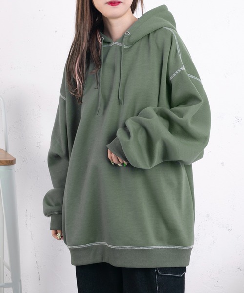 PairPair（ペアペア）の「配色ステッチフーディー(ユニセックス)（パーカー・レディース・グリーン/ダークブラック/ライトベージュ/グレイッシュブルー・FREE）」の17枚目の写真