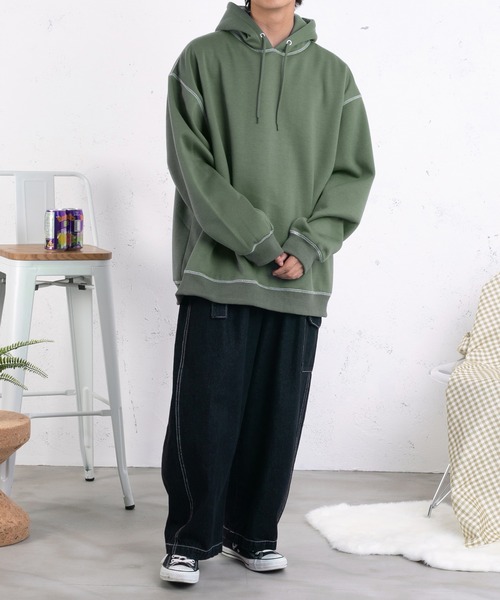 PairPair（ペアペア）の「配色ステッチフーディー(ユニセックス)（パーカー・レディース・グリーン/ダークブラック/ライトベージュ/グレイッシュブルー・FREE）」の18枚目の写真