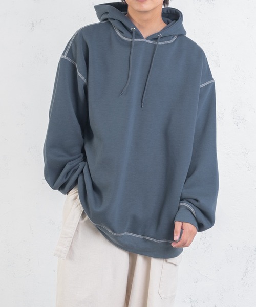 PairPair（ペアペア）の「配色ステッチフーディー(ユニセックス)（パーカー・レディース・グリーン/ダークブラック/ライトベージュ/グレイッシュブルー・FREE）」の12枚目の写真