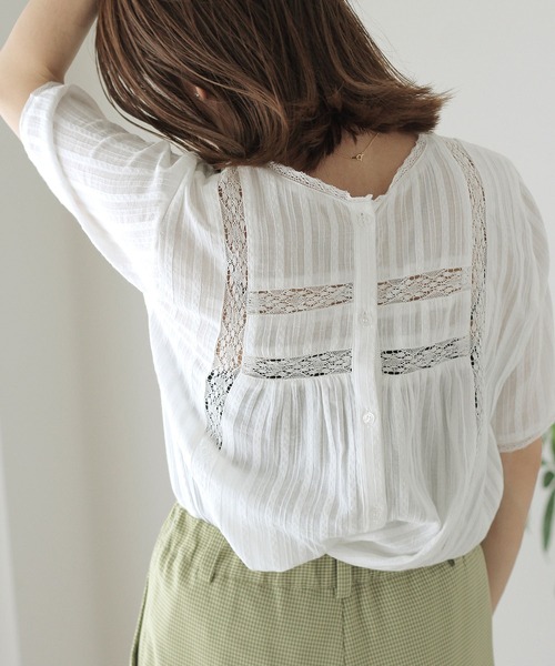 Crisp（クリスプ）の「ドビーレースストライプブラウス（シャツ/ブラウス・レディース・ブラック/ホワイト・FREE）」の8枚目の写真