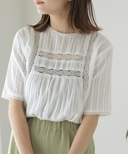 Crisp（クリスプ）の「ドビーレースストライプブラウス（シャツ/ブラウス・レディース・ブラック/ホワイト・FREE）」の12枚目の写真