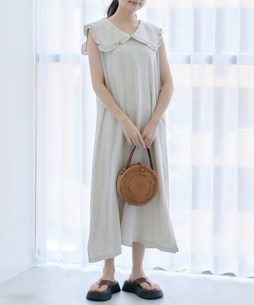 Lamoa（ラモア）の「Lamoa/フリル ビックカラー ワンピース（ワンピース・レディース・ブラック/ベージュ・FREE）」の2枚目の写真