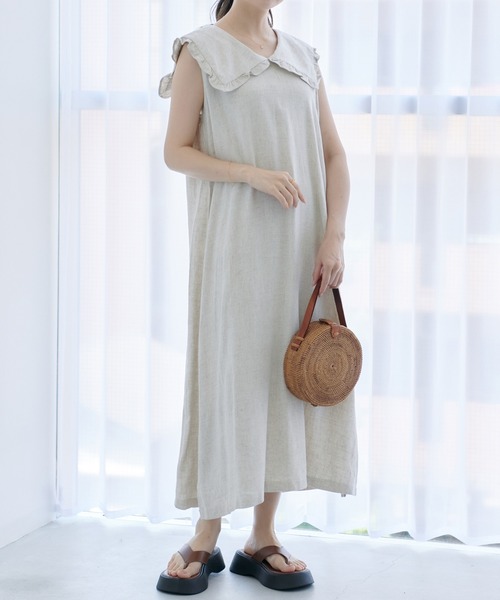 Lamoa（ラモア）の「Lamoa/フリル ビックカラー ワンピース（ワンピース・レディース・ブラック/ベージュ・FREE）」の3枚目の写真