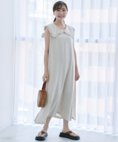 Lamoa（ラモア）の「Lamoa/フリル ビックカラー ワンピース（ワンピース・レディース・ブラック/ベージュ・FREE）」の6枚目の写真