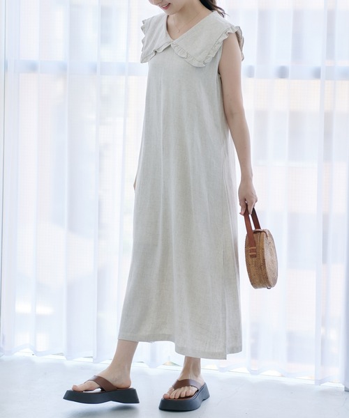 Lamoa（ラモア）の「Lamoa/フリル ビックカラー ワンピース（ワンピース・レディース・ブラック/ベージュ・FREE）」の4枚目の写真