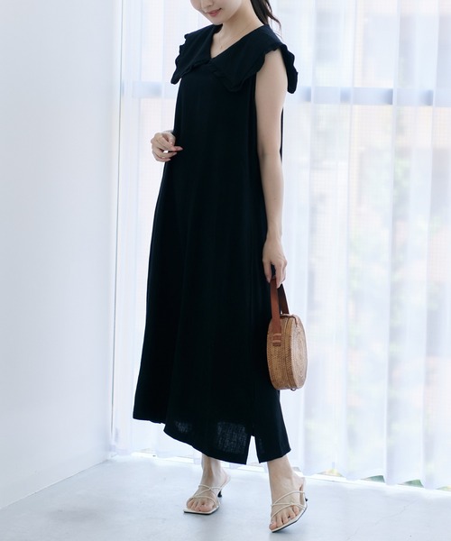 Lamoa（ラモア）の「Lamoa/フリル ビックカラー ワンピース（ワンピース・レディース・ブラック/ベージュ・FREE）」の8枚目の写真