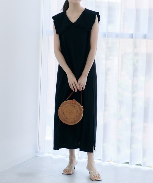 Lamoa（ラモア）の「Lamoa/フリル ビックカラー ワンピース（ワンピース・レディース・ブラック/ベージュ・FREE）」の9枚目の写真