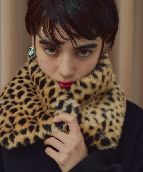 レオパード革のファーショール ガッシュロウアンドコール リアルファー ヒョウ柄ショール 羊革